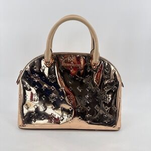 Michael Kors Cindy Large Dome Satchel Rose Gold Metallic Floral Embossed Handbag